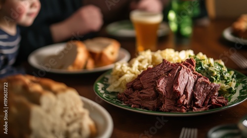 A dynamic shot of a family enjoying a St. Patrick Day feast with corned beef, cabbage, and Irish soda bread photo