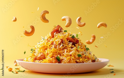 A plate of biryani with flying saffron rice grains and cashews on a pastel yellow background