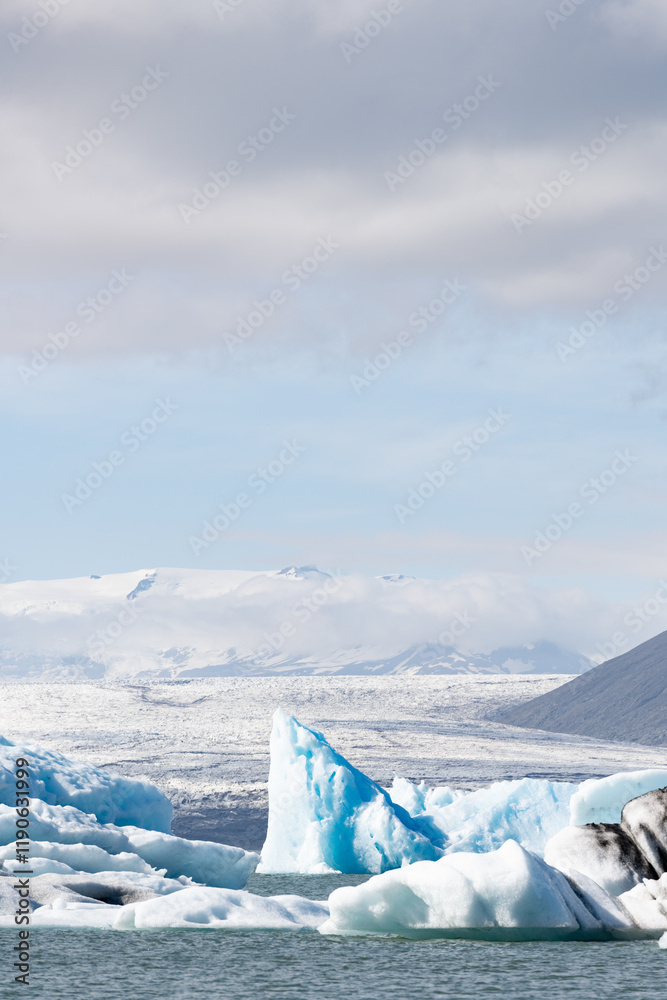 Stunning view of Diamond Beach. The Diamond Beach in Iceland is a black volcanic sand beach where icebergs from the glacier lagoon drift ashore.