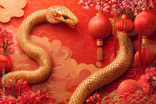 A snake is shown on a red background with a red and gold pattern