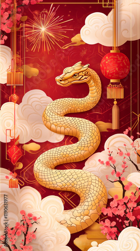 A gold colored snake is curled up on a red background