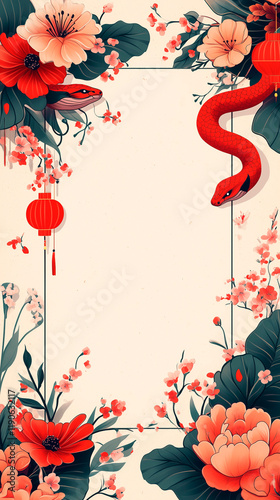 A white background with a red snake and flowers