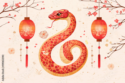 A red snake with a red tail is on a white background