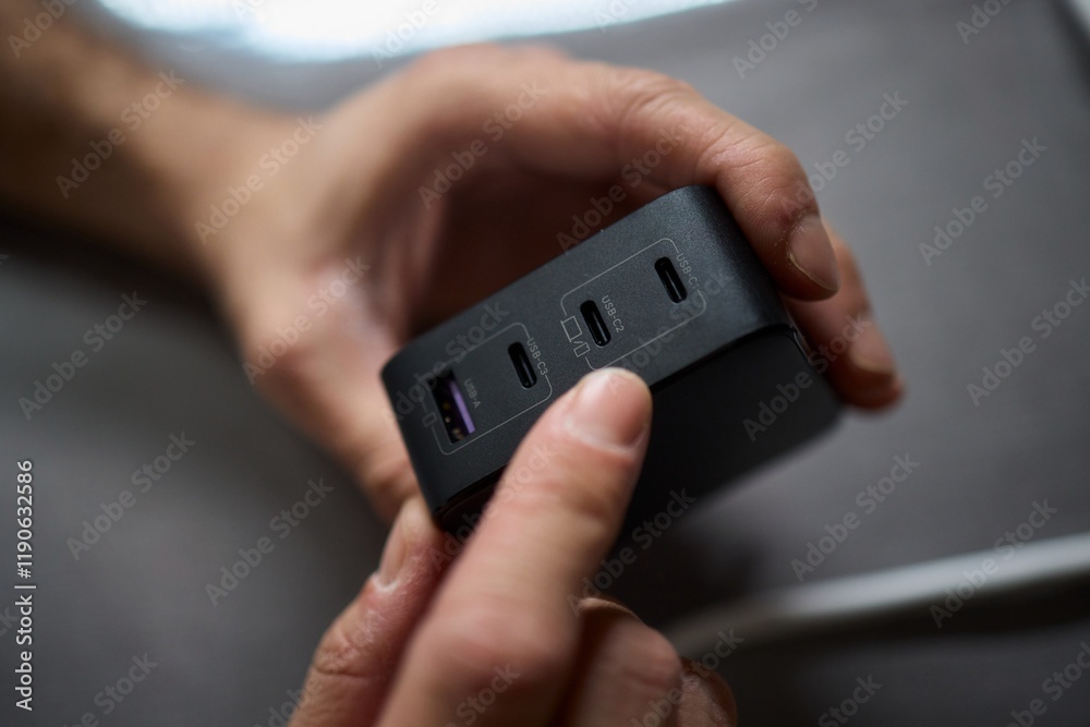 Detailed closeup image of a hand firmly holding a USB hub that features multiple ports Detailed closeup image of a hand firmly holding a USB hub that features multiple ports