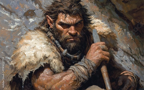 A realistic depiction of a Neanderthal man with a rugged face, thick brow ridge, and unkempt hair, wearing animal skins and holding a primitive tool, on a rocky backdrop photo