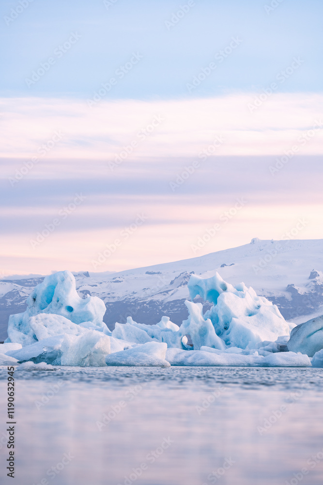 Stunning view of Diamond Beach. The Diamond Beach in Iceland is a black volcanic sand beach where icebergs from the glacier lagoon drift ashore.