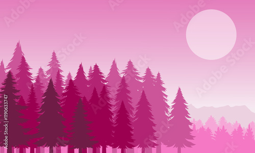 Pine forest landscape background with full moon and purple sky vector illustration