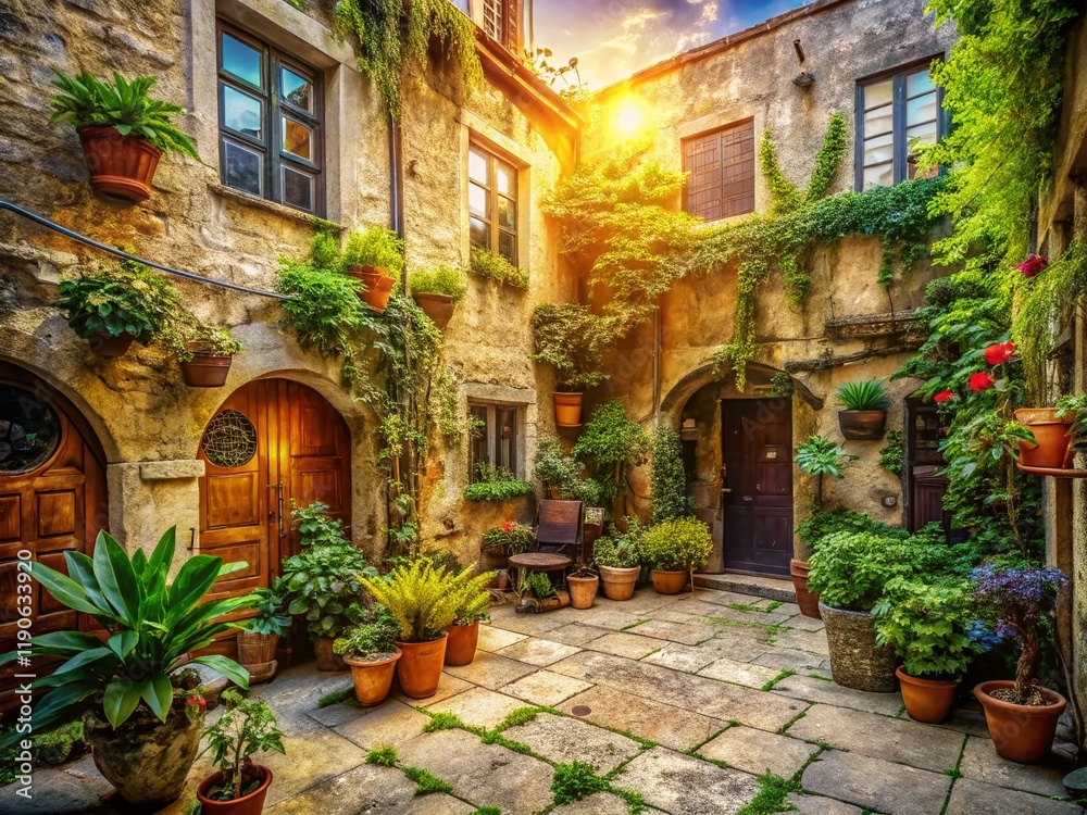Fototapeta premium Charming Shabby Courtyard in Zagreb, Croatia - Stock Photo