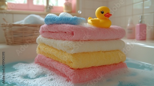 Pastel towels, rubber duck, bath bubbles.