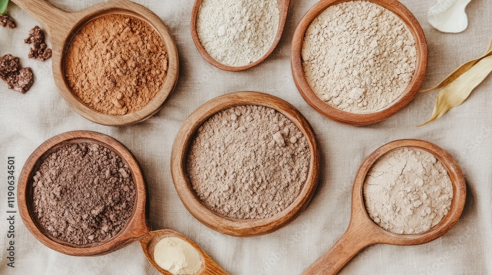 Traditional wellness products featuring clay powders in earthy tones on a neutral tablecloth. Traditional wellness products featuring clay powders in earthy tones on a neutral tablecloth.
