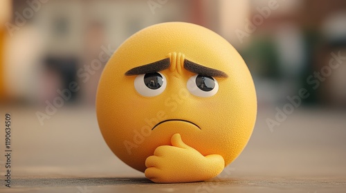  Yellow thinking emoji face with hand resting on chin, furrowed brow, and thoughtful expression suggesting contemplation or curiosity in a digital cartoon style.