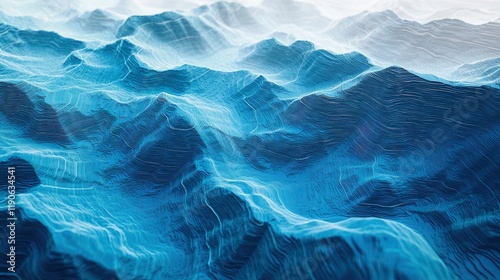  3D underwater topographic map showing ocean floor details, including deep trenches, ridges, underwater mountains, and seabed contours in shades of blue and green. photo