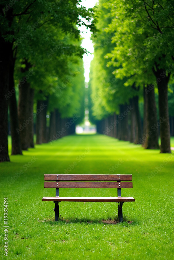 Photograph of a lone wooden bench in a lush, green park with tall trees forming a canopy overhead. Photograph of a lone wooden bench in a lush, green park with tall trees forming a canopy overhead.
