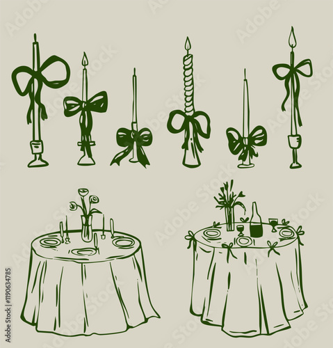 Beautiful party wedding table candle ribbon knot bows decoration set for invitation, menu printable design in sketch doodle whimsical retro style. 