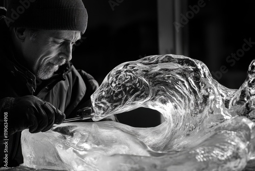 Sculptor refining ice figure with specialized tool for a smooth, polished finish in a creative workspace photo