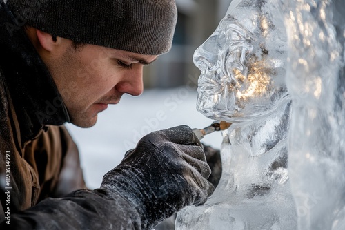 Sculptor refining ice figure with specialized tool for a smooth, polished finish in a creative workspace photo