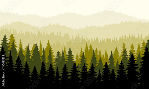 Silhouette of coniferous forest in mountains. Vector illustration
