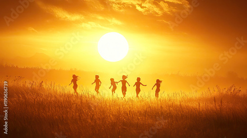 Children running freely through a vast field, their silhouettes framed by the golden hues of a sunset 
