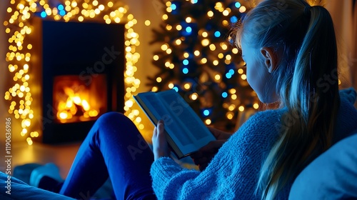 Cozy winter evening with a girl reading by the fireplace, surrounded by festive lights and decorations photo