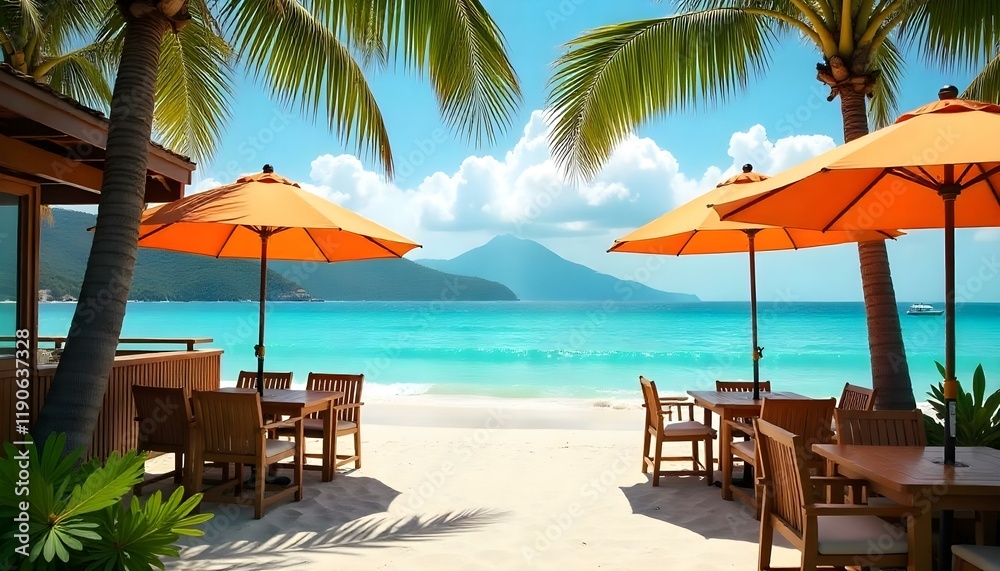 Obraz premium Tropical beach cafe with palm trees swaying in the breeze, colorful umbrellas shading wooden tables, turquoise ocean waves gently lapping at the shore