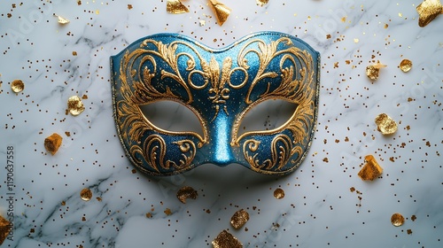  Sleek cobalt blue masquerade mask with intricate gold filigree detailing, shimmering metallic accents, and luxurious design, resting elegantly on a marble surface. photo