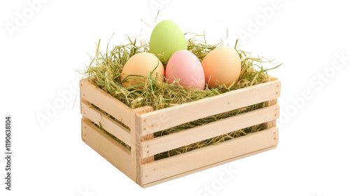 Easter eggs in wooden crate transparent background photo