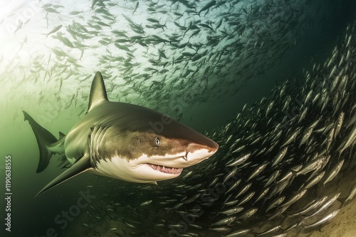 Swift bull shark swims around bait ball in murky water photo