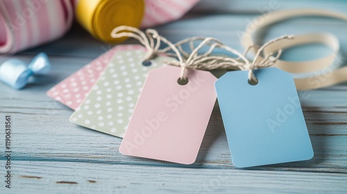  Blank ticket-shaped gift tag labels in various pastel colors, each featuring a small hole punched at the top and a decorative string looped through for stylish gift wrapping. photo