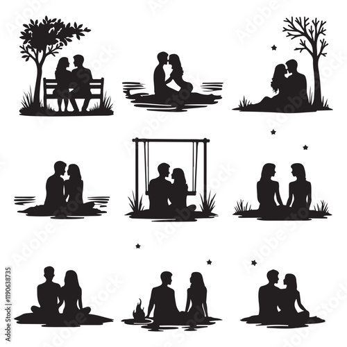 Couples sitting and cuddling Silhouette of a couple sitting nearby People sitting on stools and tall chairs Business team couple Valentine's Day