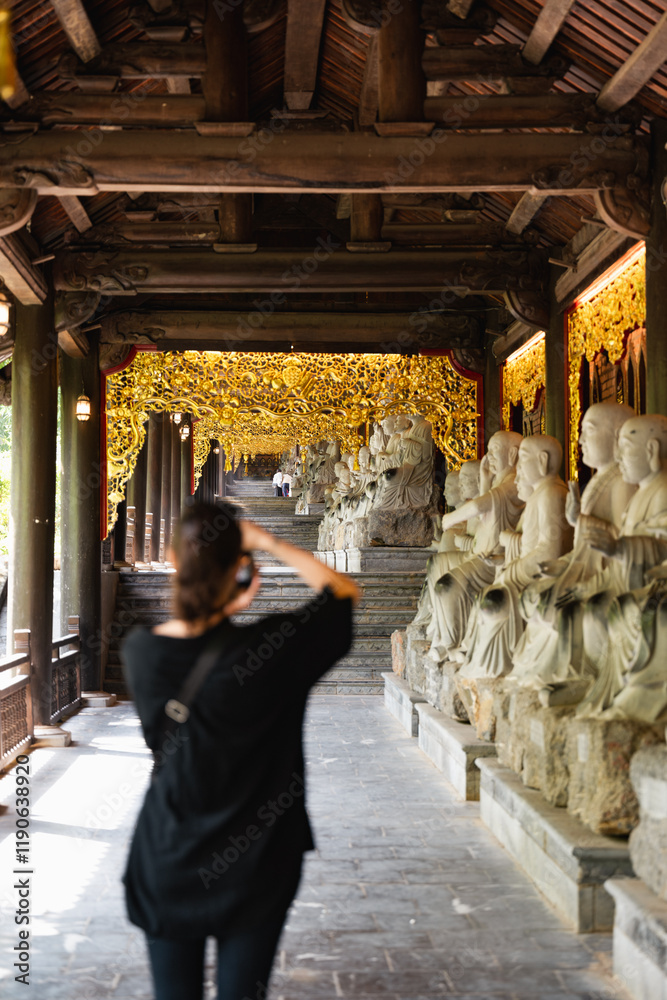 Defocused tourist taking pictures at the Bai Dinh Temple in the distance. Bai Dinh Pagoda in Ninh Binh Vietnam is one of the largest pagoda complexes in Southeast Asia.