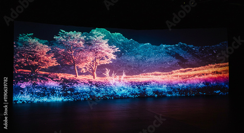 Surreal Landscape Neon Trees Mountains Night Scene Artistic Background