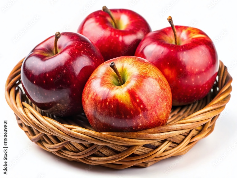 Macro Photography: Juicy Red Apples in Rustic Wicker Basket, Isolated on White Macro Photography: Juicy Red Apples in Rustic Wicker Basket, Isolated on White