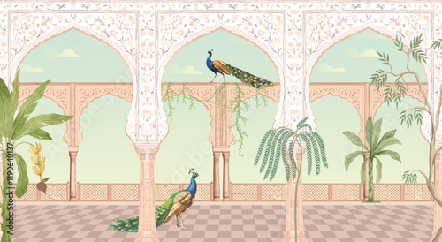 Mughal garden, arch, peacock, plant botanical landscape illustration. Trend mural wallpaper design.