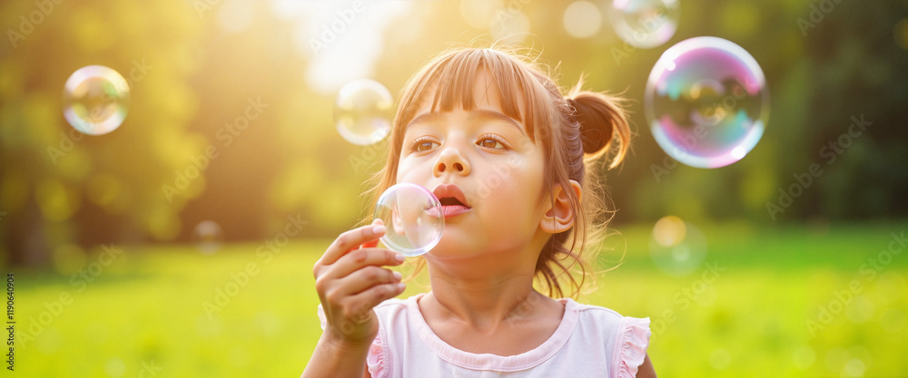 Young girl blowing bubbles in sunny park, celebrating joy and inclusion Young girl blowing bubbles in sunny park, celebrating joy and inclusion