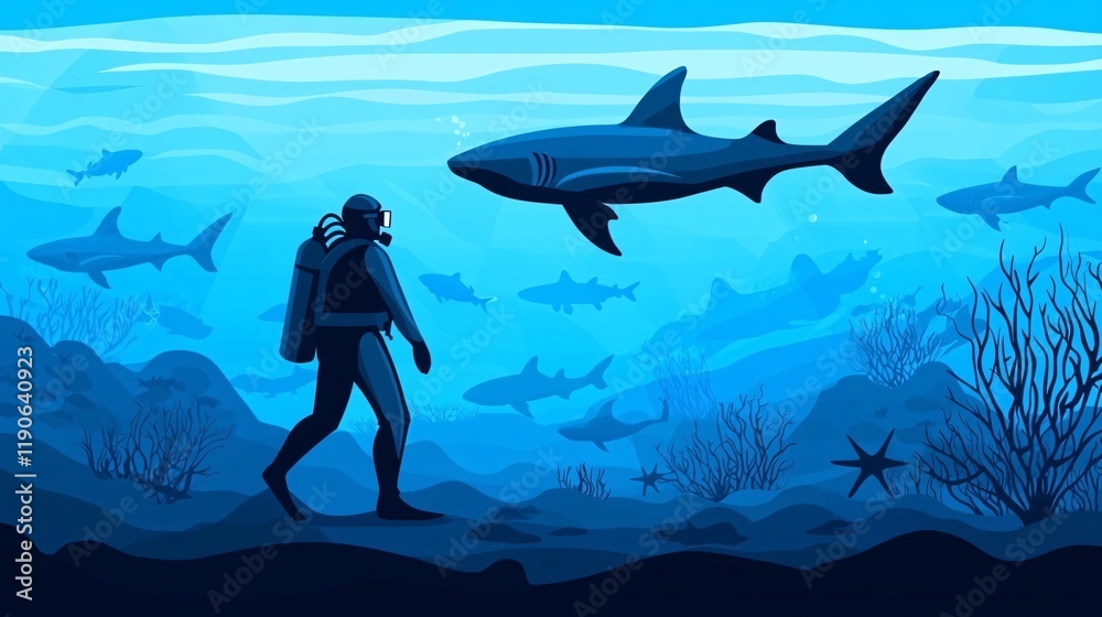 Naklejka premium Scuba Diver and Sharks Underwater