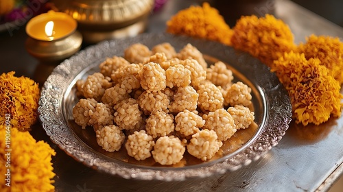  Traditional plate of festive sweets for Makar Sankranti, featuring til ladoos, gur, puffed rice, and peanut chikki, symbolizing warmth, harvest, and prosperity.