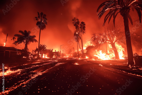 Intense wildfire consuming neighborhood with palms and fiery skies at dusk.