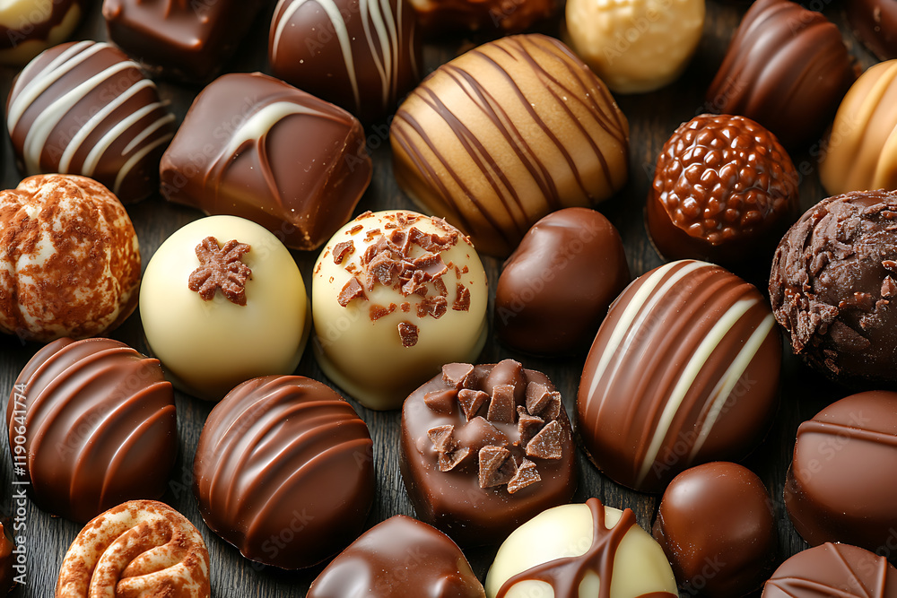Various chocolates arranged beautifully, featuring assorted shapes and flavors, perfect for dessert presentations, branding, or confectionery advertisements. Various chocolates arranged beautifully, featuring assorted shapes and flavors, perfect for dessert presentations, branding, or confectionery advertisements.