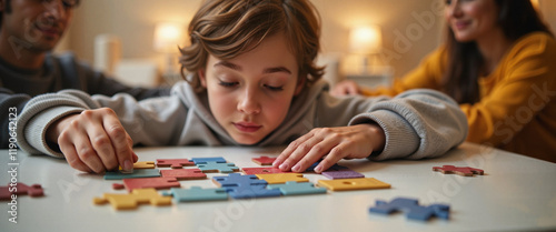 Teenager solving puzzle during family game night photo