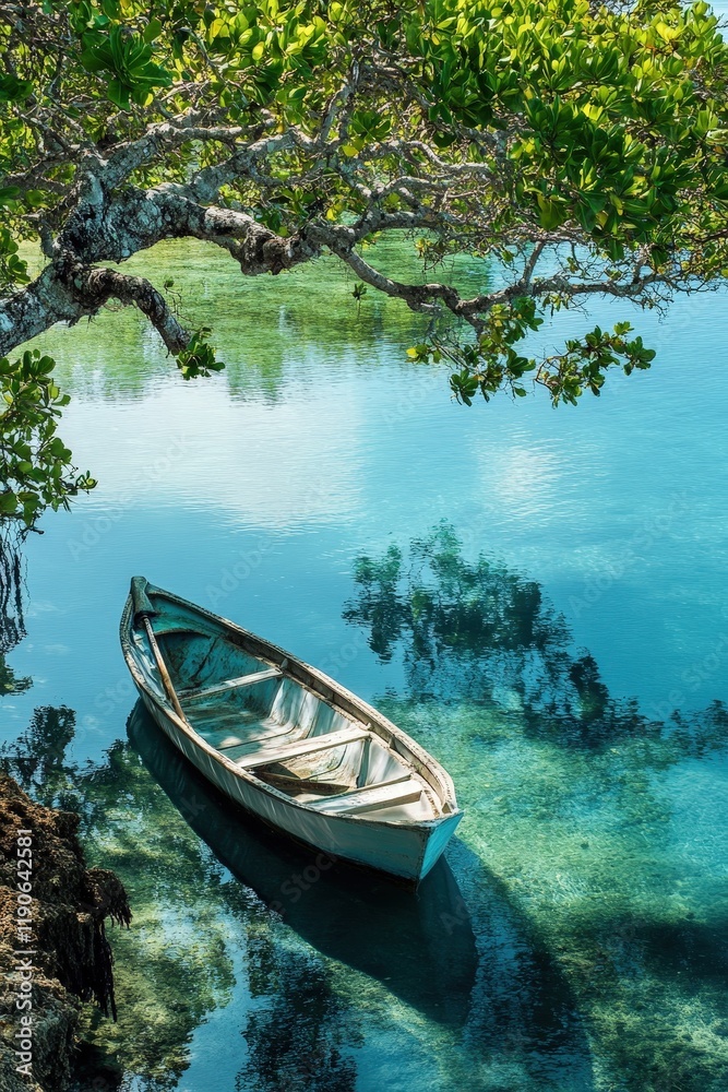 A dynamic view of a fisherman boat anchored near a quiet island cove with mangroves A dynamic view of a fisherman boat anchored near a quiet island cove with mangroves