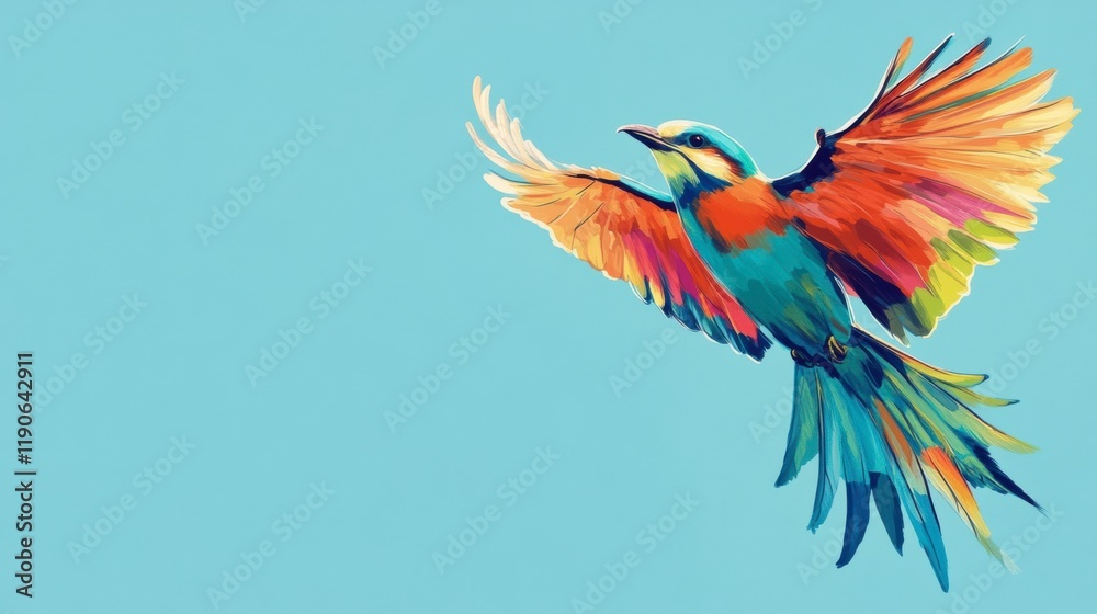 Fototapeta premium A brightly colored Indian roller bird soaring against a backdrop of clear blue skies