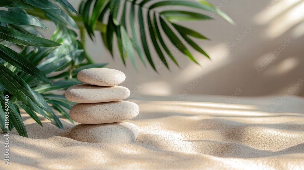 Tranquil harmony stacked stones on sand with gentle green accents Tranquil harmony stacked stones on sand with gentle green accents