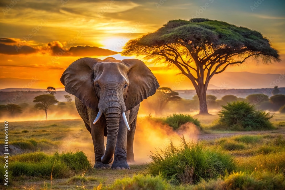 Obraz premium Majestic African Elephant in Savanna Landscape: Wildlife Conservation & Travel Photography