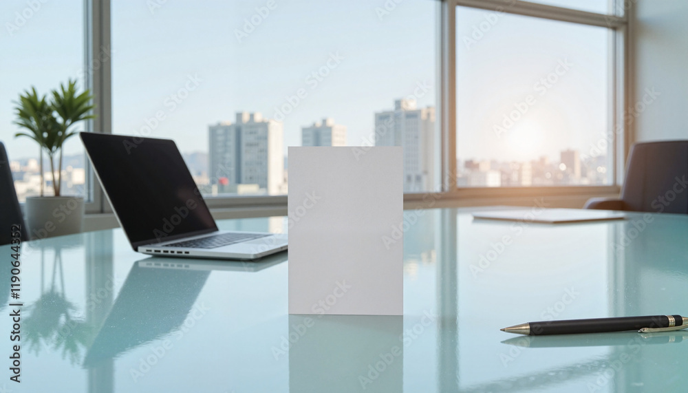 Blank card mockup on modern executive desk with cityscape view, branding concept Blank card mockup on modern executive desk with cityscape view, branding concept