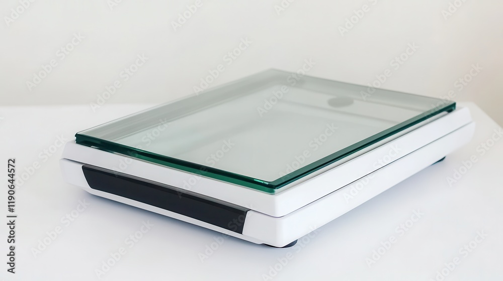 Digital kitchen scale set on a white countertop capturing a modern minimalist aesthetic for accurate measurements Digital kitchen scale set on a white countertop capturing a modern minimalist aesthetic for accurate measurements