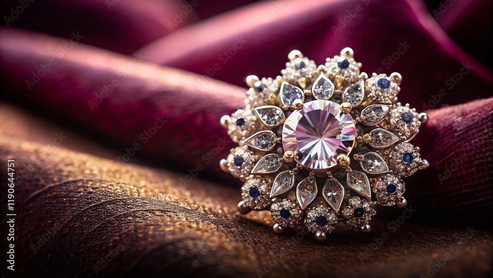 Obraz premium Close-up Candid Shot of a Sparkling Diamond Brooch on a Velvet Cushion