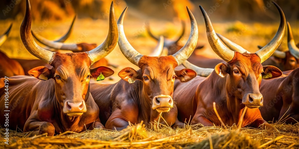 Majestic Ankole Watusi Cattle Resting on Dry Grassland - Close Up