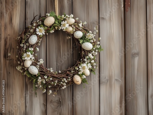 Charming rustic Easter wreath adorned with delicate flowers and pastel eggs hanging on a wooden door photo