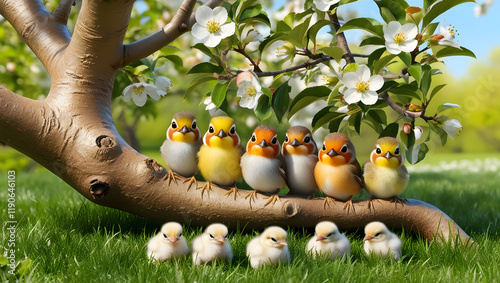 In a vibrant sunny spring garden, a cluster of little funny birds with bright, inquisitive eyes, tiny beaks, and fluffed feathers in shades of yellow, orange, and brown, sit comfortably among