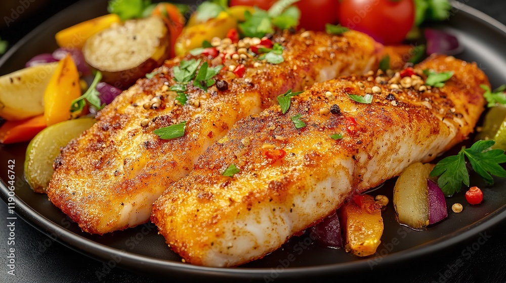 Fish dish fried fish fillet and vegetables Fish dish fried fish fillet and vegetables